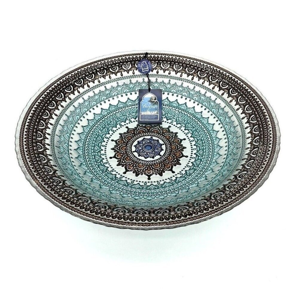 Turkish Glass Glass Round Bowl Dinner Display Silver Blue Oriental Lace 16” W XL - Picture 3 of 10